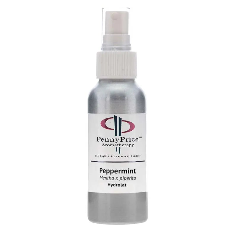 100ml Aluminium bottle with white spray lid and clear over cap, labelled Peppermint, Mentha x piperita, hydrolat.