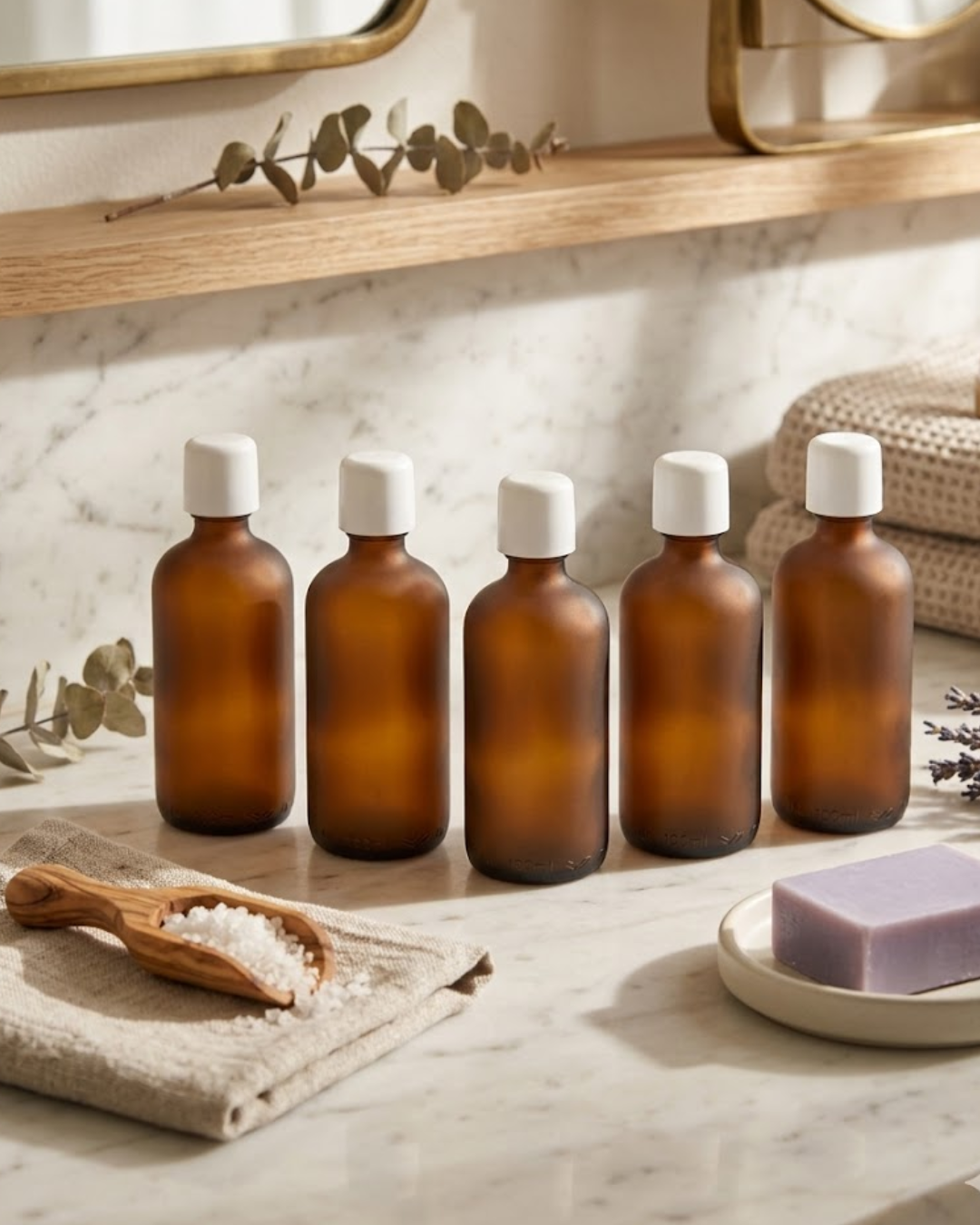 Amber Glass Bottles with White Cap