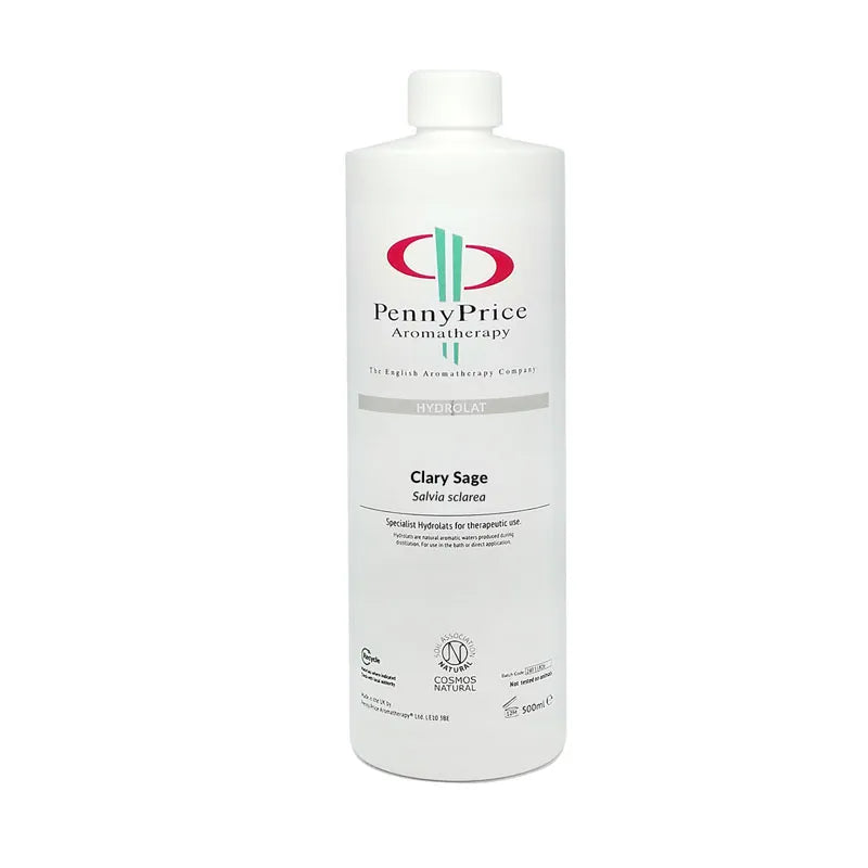 100ml Aluminium bottle with white spray lid and clear over cap, labelled Clary Sage, Salvia sclarea, hydrolat. 