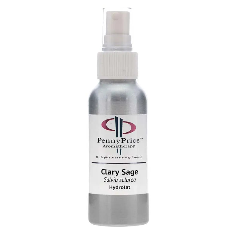 100ml Aluminium bottle with white spray lid and clear over cap, labelled Clary Sage, Salvia sclarea, hydrolat. 
