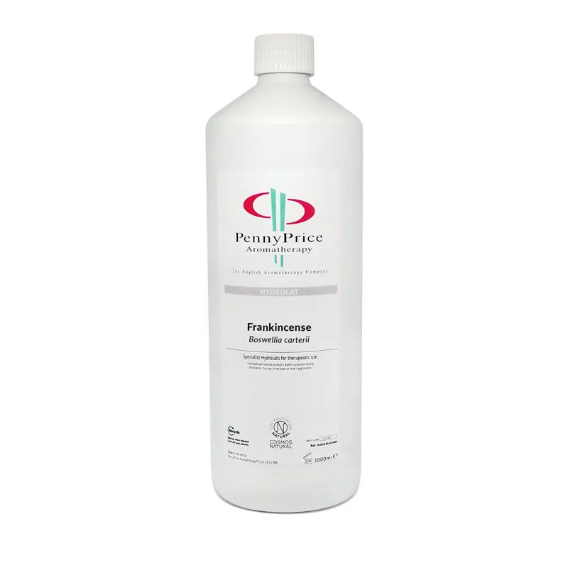 1000ml white HDPE 2 bottle, which is widely recycled throughout the UK, and screw top lid, labelled Frankincense, Boswellia Carteri, hydrolat.