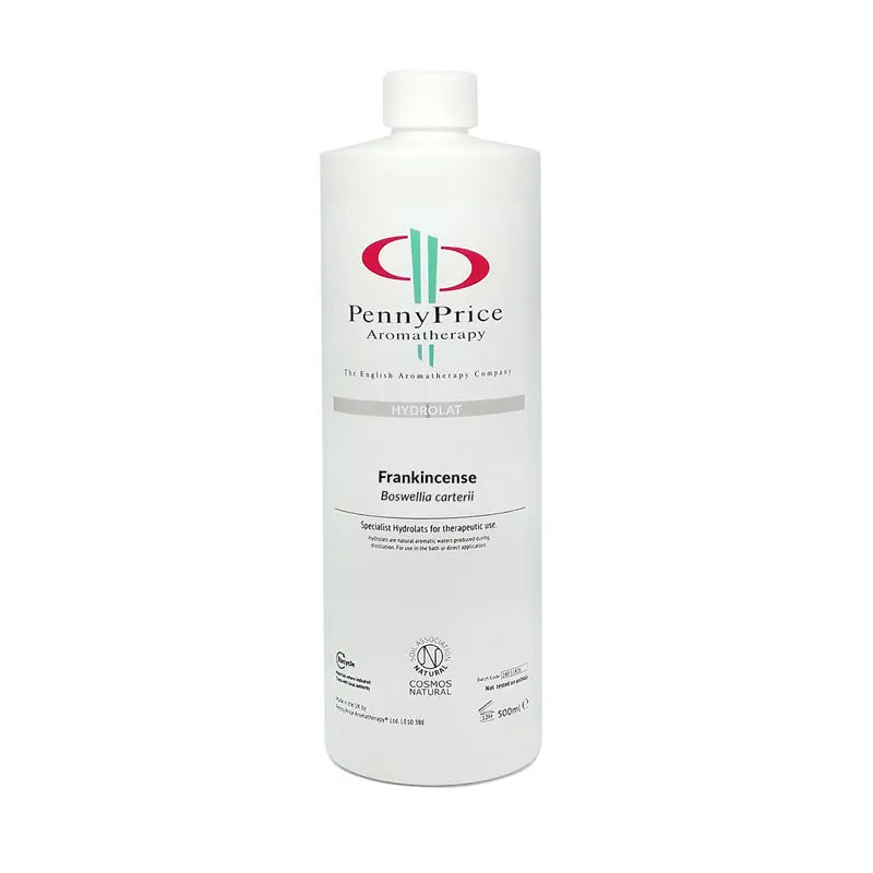 100ml Aluminium bottle with white spray lid and clear over cap, labelled Frankincense, Boswellia Carteri, hydrolat.