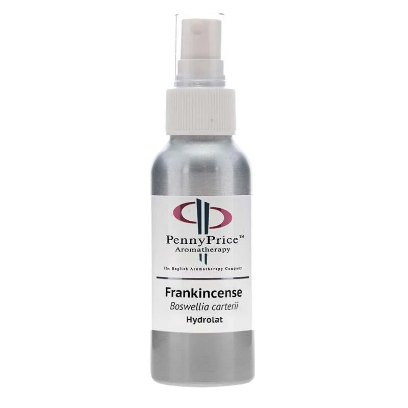 100ml Aluminium bottle with white spray lid and clear over cap, labelled Frankincense, Boswellia Carteri, hydrolat.