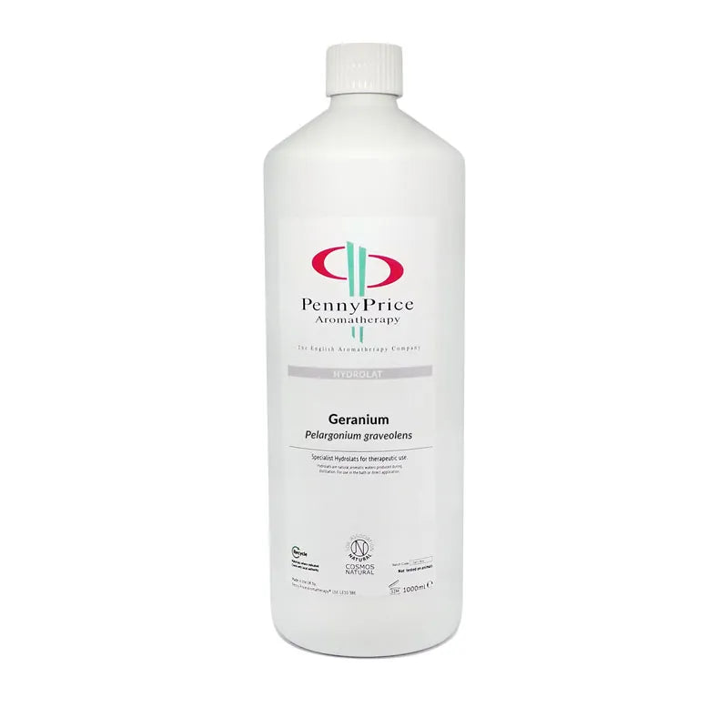 1000ml white HDPE 2 bottle, which is widely recycled throughout the UK, and screw top lid, labelled Geranium, Pelargonium graveolens, hydrolat.