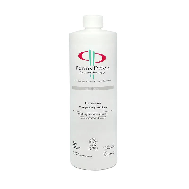 100ml Aluminium bottle with white spray lid and clear over cap, labelled Geranium, Pelargonium graveolens, hydrolat.