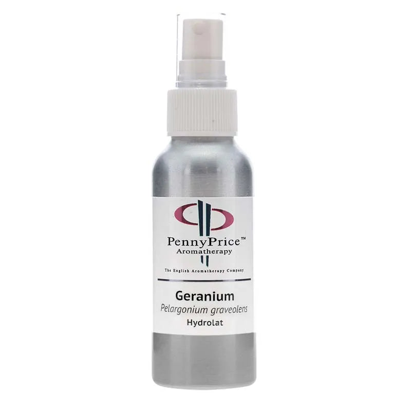 100ml Aluminium bottle with white spray lid and clear over cap, labelled Geranium, Pelargonium graveolens, hydrolat.