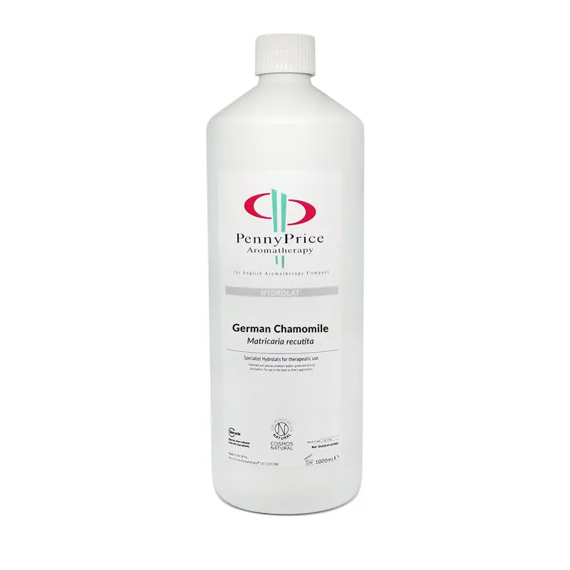 1000ml white HDPE 2 bottle, which is widely recycled throughout the UK, and screw top lid, labelled German, Matricaria recutita, hydrolat.