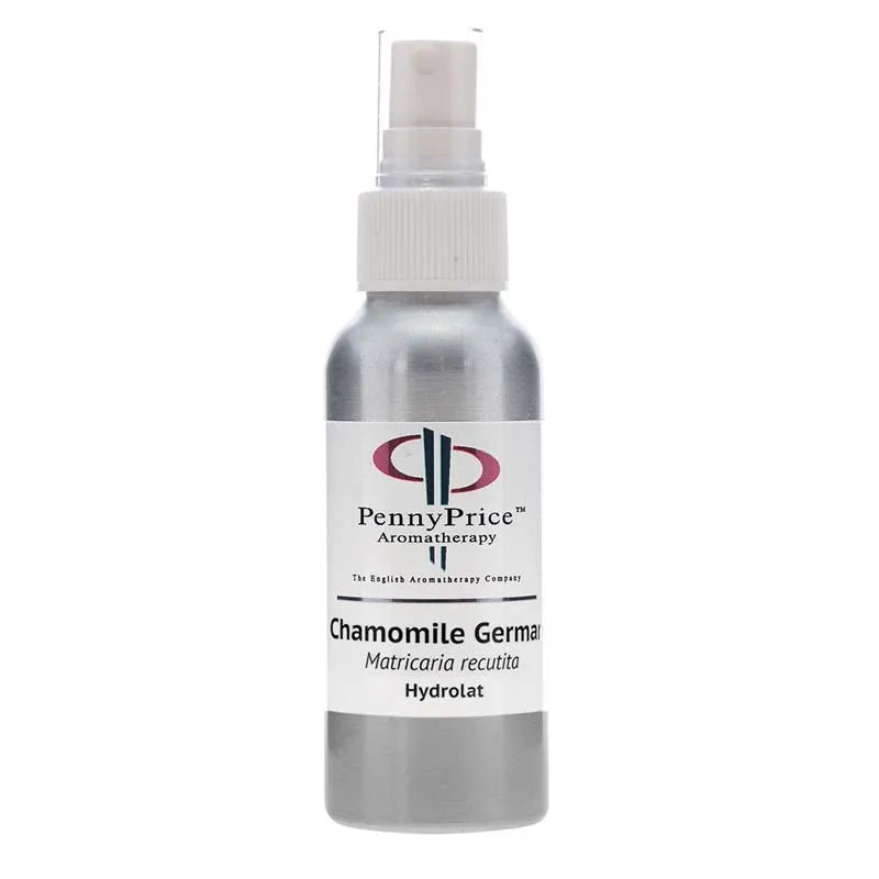 100ml Aluminium bottle with white spray lid and clear over cap, labelled Chamomile German, Matricaria recutita, hydrolat.