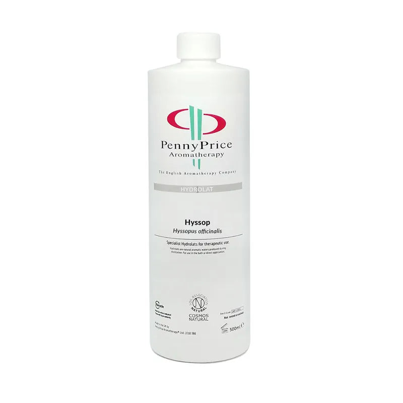 100ml Aluminium bottle with white spray lid and clear over cap, labelled Hyssop, Hyssopus officinalis, hydrolat.