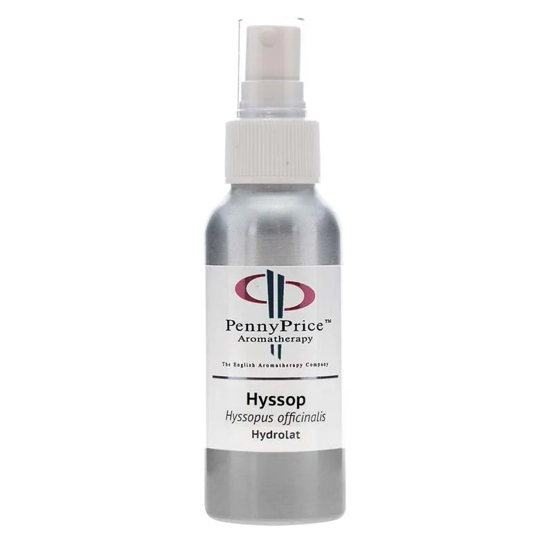 100ml Aluminium bottle with white spray lid and clear over cap, labelled Hyssop, Hyssopus officinalis, hydrolat.