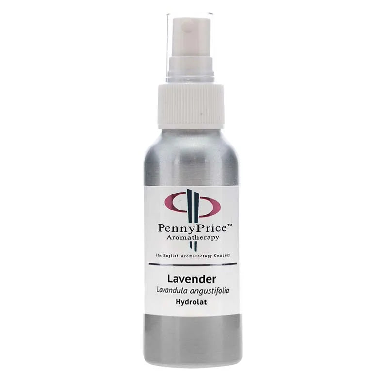 100ml Aluminium bottle with white spray lid and clear over cap, labelled Lavender, Lavandula angustifolia, hydrolat.