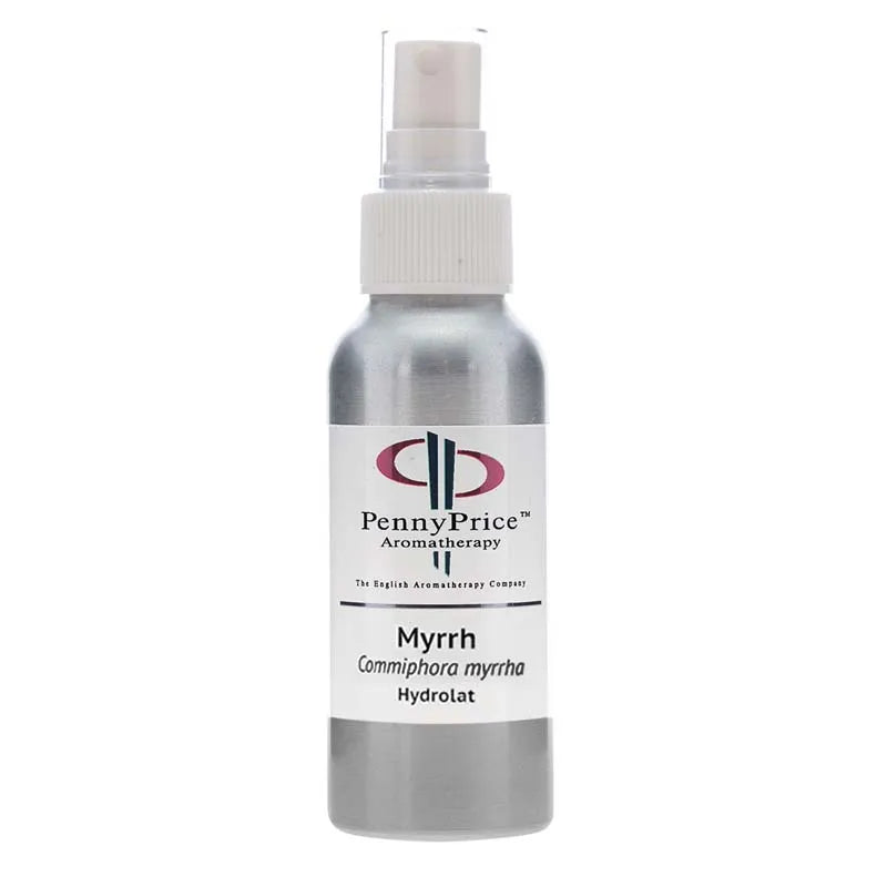 100ml Aluminium bottle with white spray lid and clear over cap, labelled Myrrh, Commiphora myrrha, hydrolat.