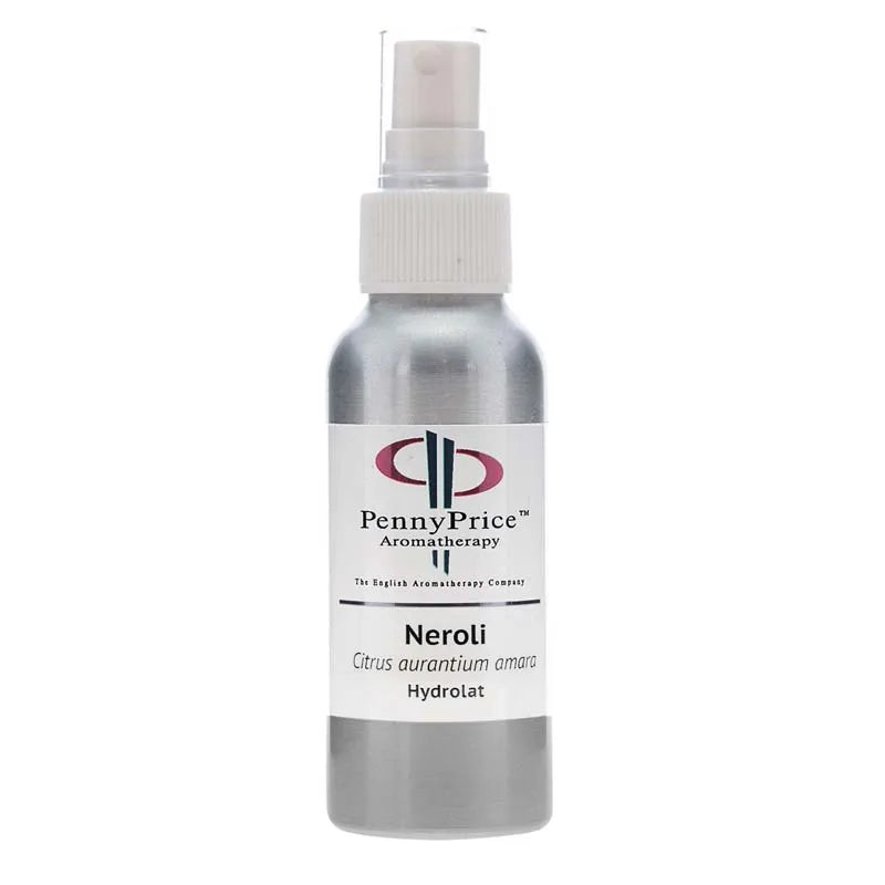 100ml Aluminium bottle with white spray lid and clear over cap, labelled Neroli, Citrus aurantium amara, hydrolat