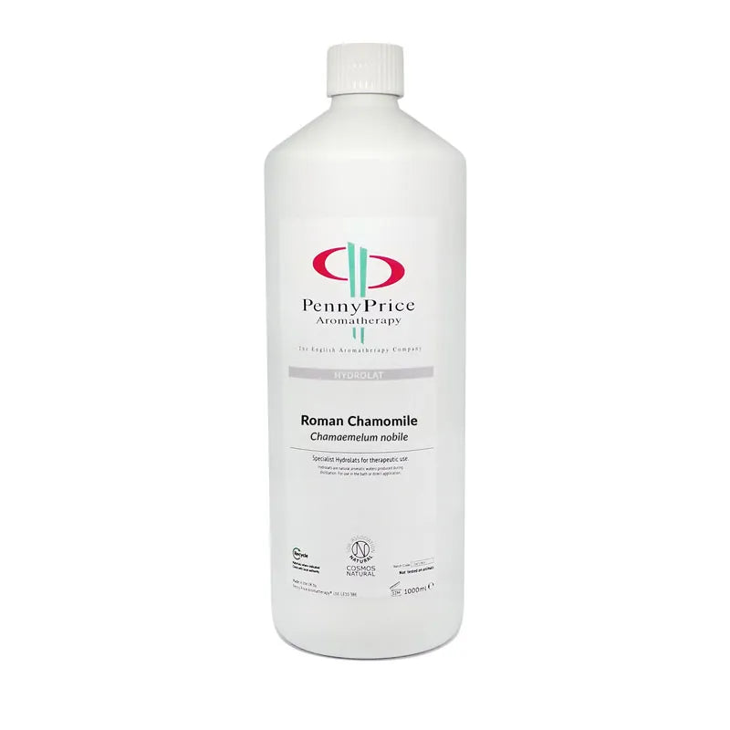 1000ml white HDPE 2 bottle, which is widely recycled throughout the UK, and screw top lid, labelled labelled Roman Chamomile, Chamaemelum nobile, hydrolat.