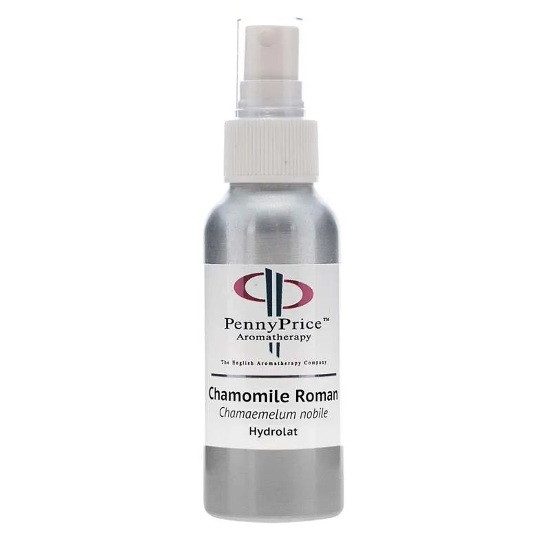 100ml Aluminium bottle with white spray lid and clear over cap, labelled Roman Chamomile, Chamaemelum nobile, hydrolat.