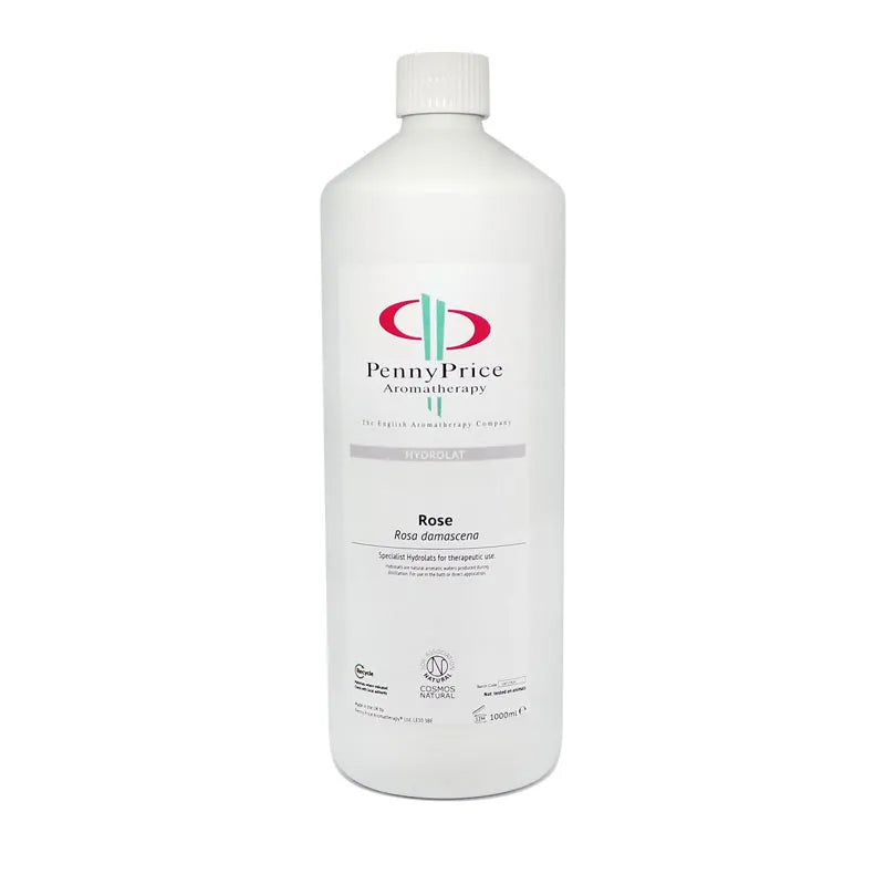 1000ml white HDPE 2 bottle, which is widely recycled throughout the UK, and screw top lid, labelled Rose, Rosa Damascena, hydrolat.