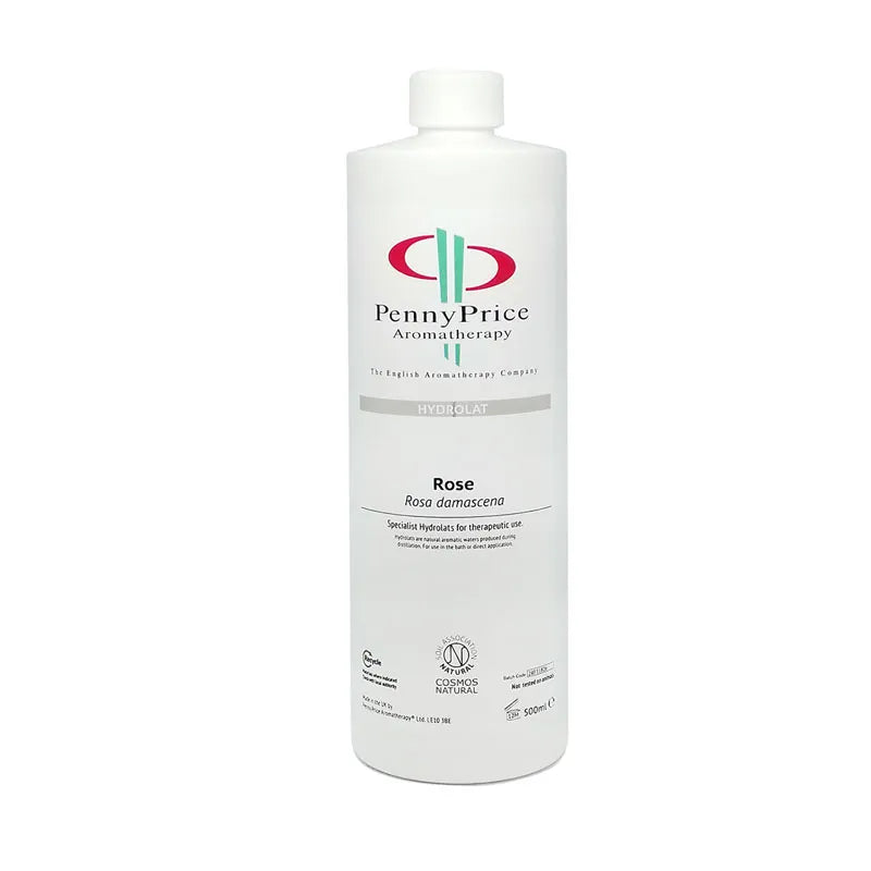 500ml white HDPE 2 bottle, which is widely recycled throughout the UK, and screw top lid, labelled Rose, Rosa Damascena, hydrolat.