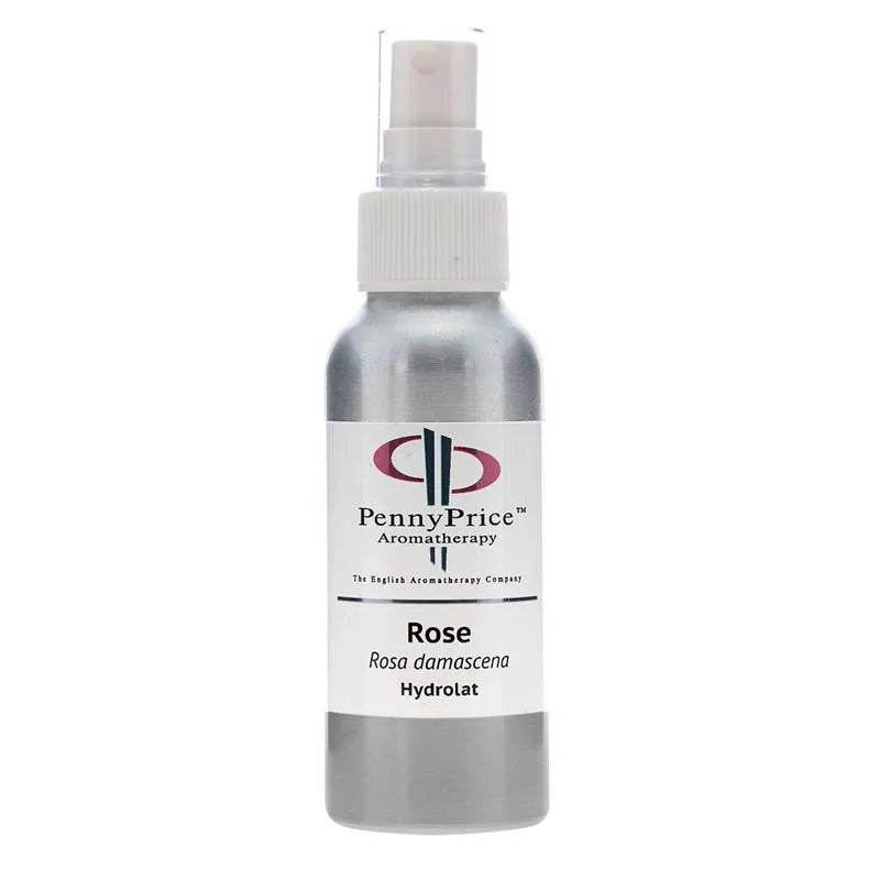 100ml Aluminium bottle with white spray lid and clear over cap, labelled Rose, Rosa Damascena, hydrolat.