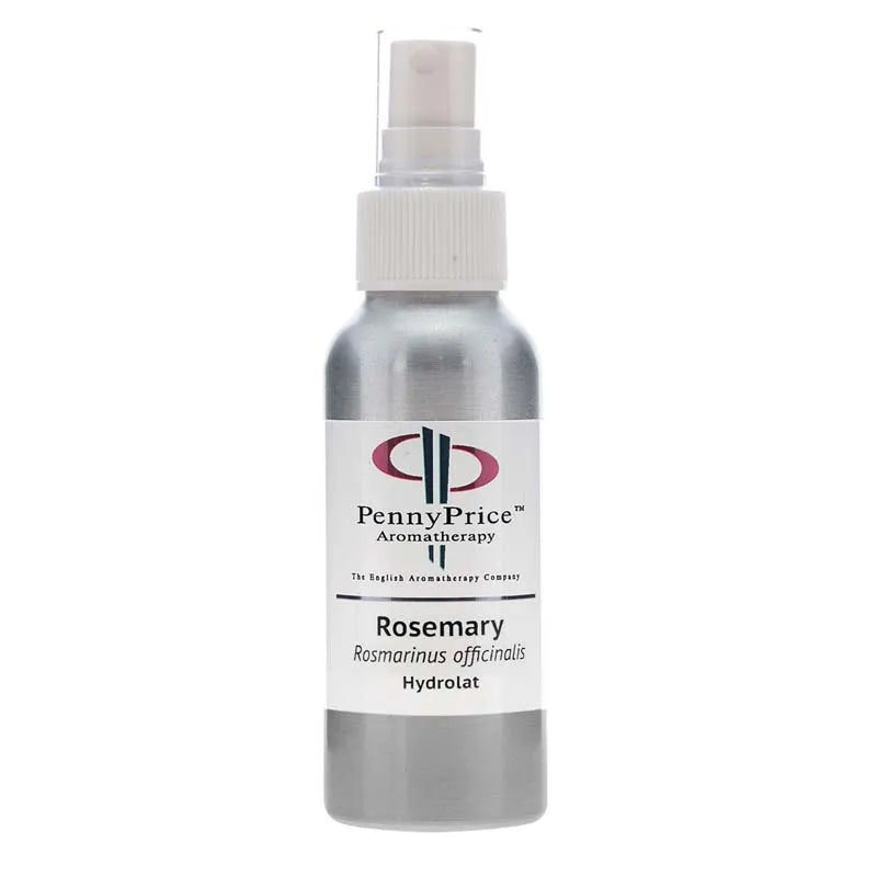 100ml Aluminium bottle with white spray lid and clear over cap, labelled Rosemary, Rosmarinus officinalis, hydrolat.