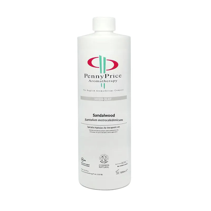 100ml Aluminium bottle with white spray lid and clear over cap, labelled Sandalwood, Santalum autrocaledonicum, hydrolat.