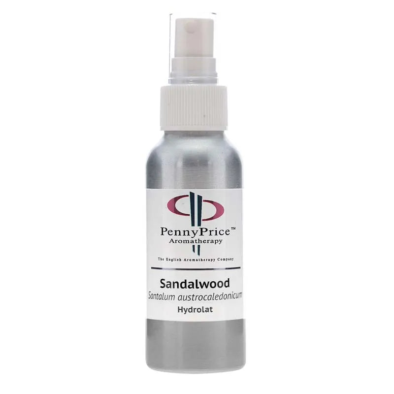 100ml Aluminium bottle with white spray lid and clear over cap, labelled Sandalwood, Santalum autrocaledonicum, hydrolat.
