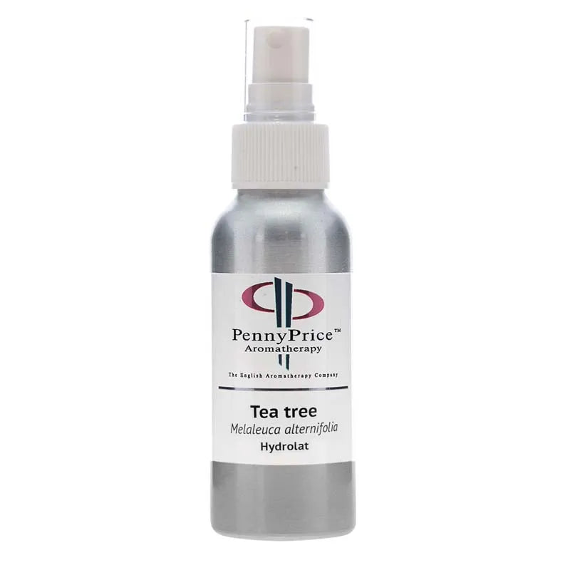 100ml Aluminium bottle with white spray lid and clear over cap, labelled Tea Tree, Melaleuca alternifolia, hydrolat.