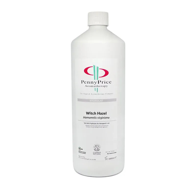 1000ml white HDPE 2 bottle, which is widely recycled throughout the UK, and screw top lid, labelled Witch Hazel, Hamamelis virginiana,, hydrolat.