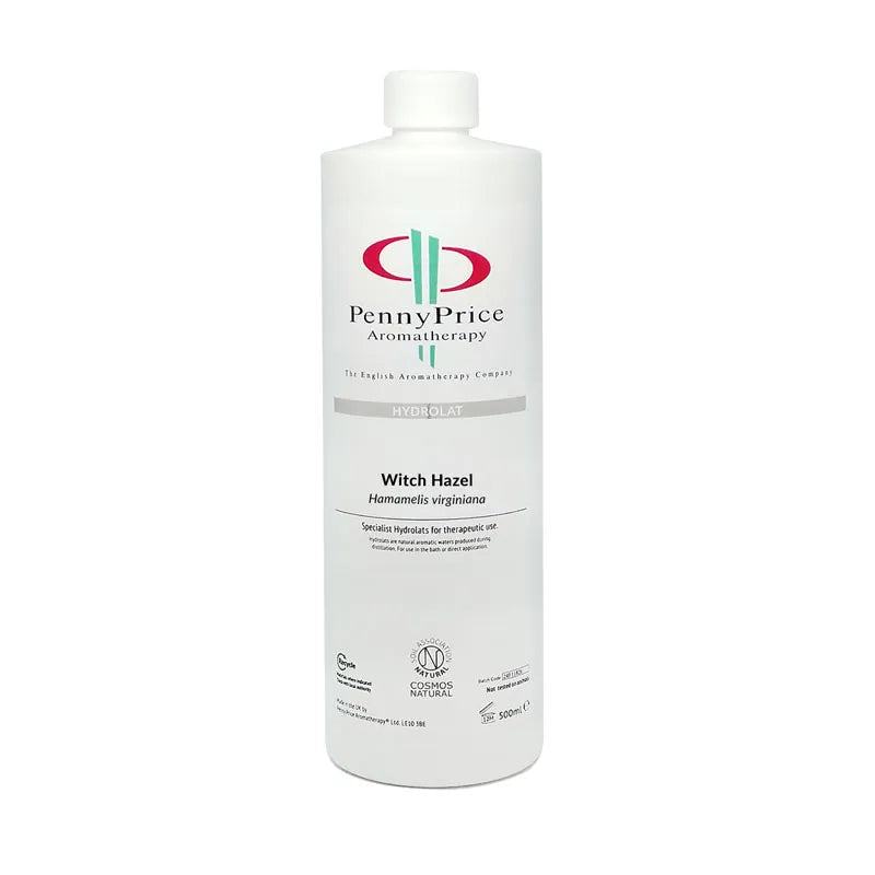 500ml white HDPE 2 bottle, which is widely recycled throughout the UK, and screw top lid, labelled Witch Hazel, Hamamelis virginiana,, hydrolat.