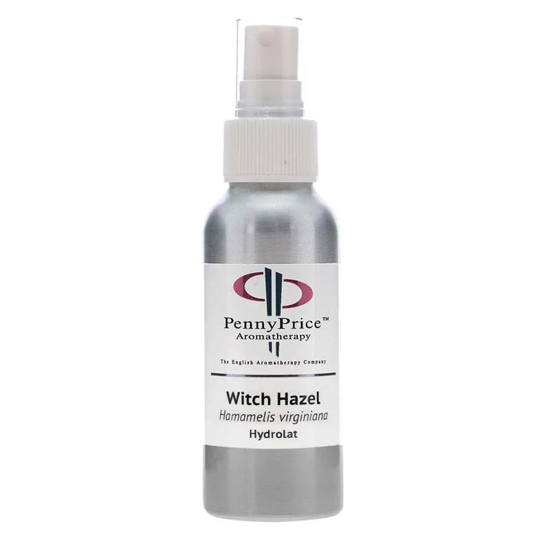 100ml Aluminium bottle with white spray lid and clear over cap, labelled Witch Hazel, Hamamelis virginiana, hydrolat.